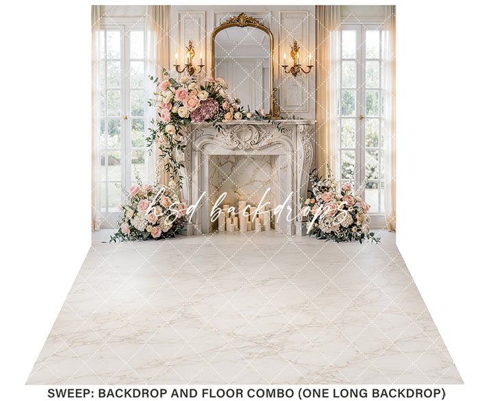 Vintage Rose Fireplace Photography Backdrop – Fine Art Studio Portrait Scene | HSD Backdrops