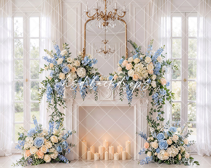 Blue Rose Fireplace Photography Backdrop – Elegant Maternity Portrait Scene | HSD Backdrops