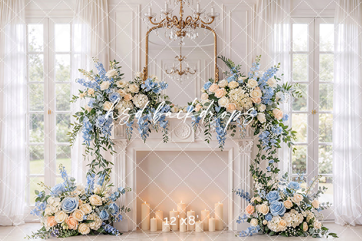 Blue Rose Fireplace Photography Backdrop – Elegant Maternity Portrait Scene | HSD Backdrops