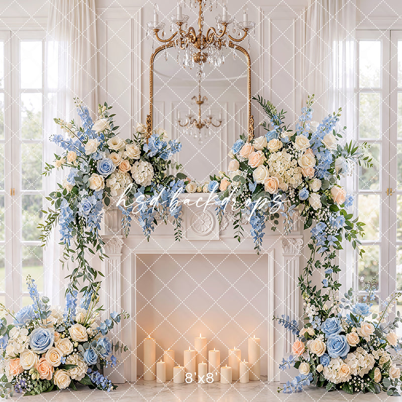 Blue Rose Fireplace Photography Backdrop – Elegant Maternity Portrait Scene | HSD Backdrops