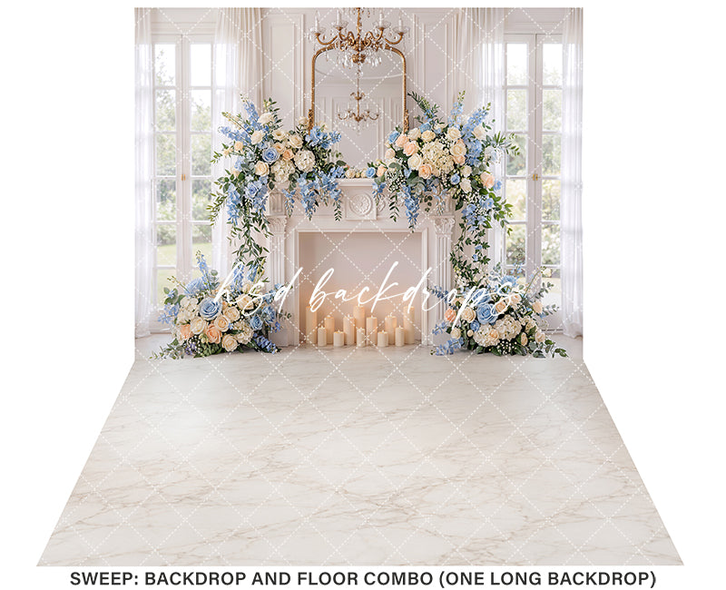 Blue Rose Fireplace Photography Backdrop – Elegant Maternity Portrait Scene | HSD Backdrops