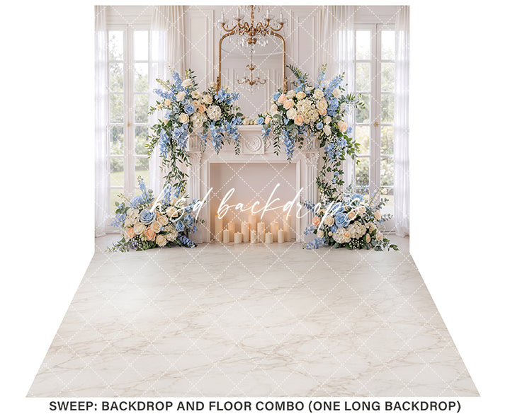 Blue Rose Fireplace Photography Backdrop – Elegant Maternity Portrait Scene | HSD Backdrops