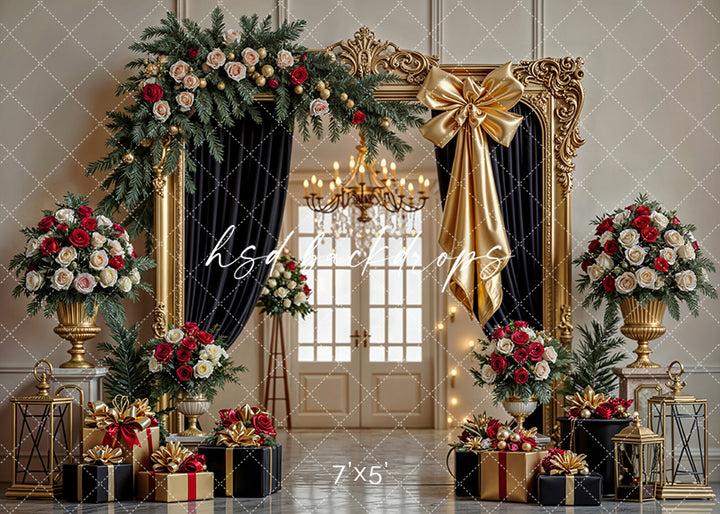 Christmas photography backdrop with gold frame, red and cream roses, evergreen garland, and black-and-gold gifts.