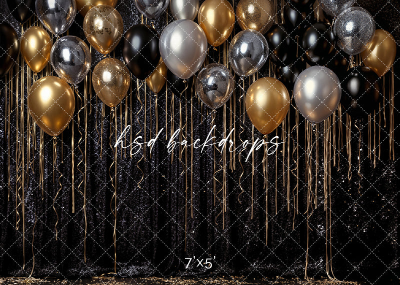 New Year’s Eve photography backdrop with gold, silver, and black balloons over a shimmering black sequin background.