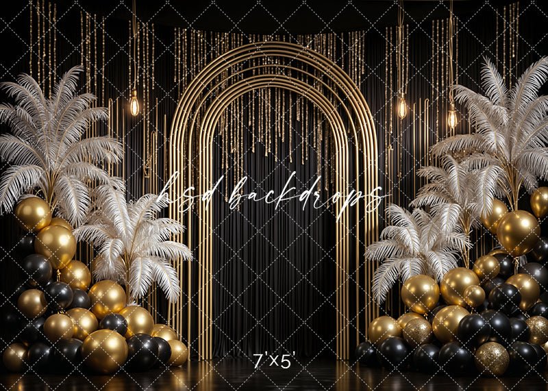 Golden Archway Glam New Year’s Eve photography backdrop with gold arches, balloons, and palm leaves.