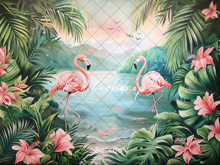 Tropical Beach Flamingos Photo Backdrop for Summer Photoshoot 