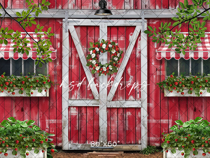 Red Barn Strawberry Photography Backdrop for Summer Photoshoot