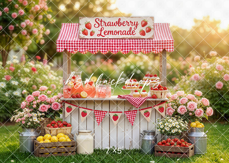 Strawberry lemonade stand photography backdrop with fresh strawberries, lemons, gingham decor, and summer garden setting for mini sessions.