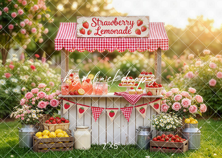 Strawberry lemonade stand photography backdrop with fresh strawberries, lemons, gingham decor, and summer garden setting for mini sessions.