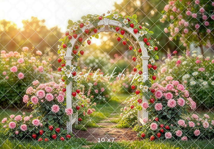 Strawberry Rose Garden Arch Photography Backdrop – Sweet Summer Portrait Scene | HSD Backdrops