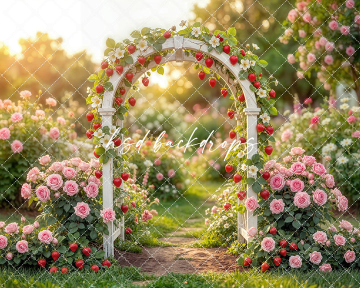 Strawberry Rose Garden Arch Photography Backdrop – Sweet Summer Portrait Scene | HSD Backdrops