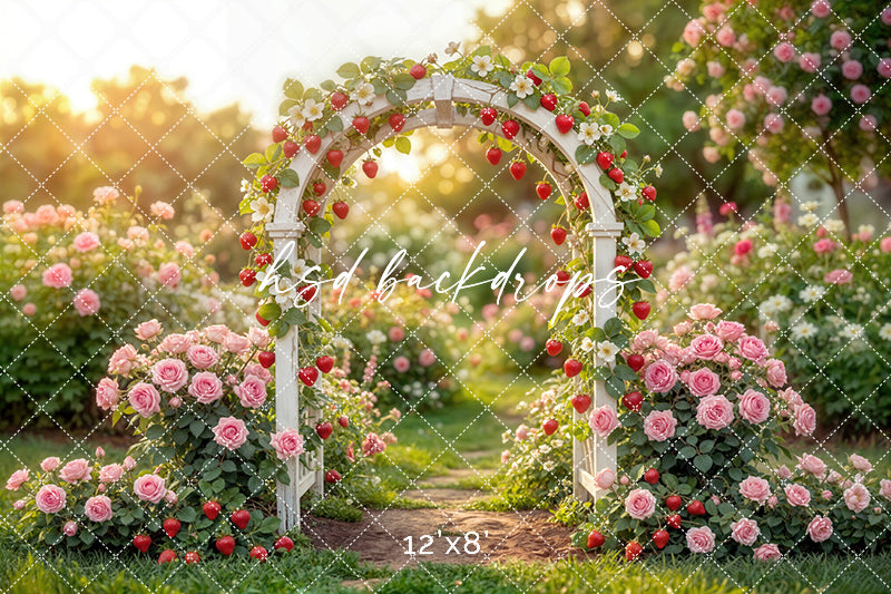 Strawberry Rose Garden Arch Photography Backdrop – Sweet Summer Portrait Scene | HSD Backdrops