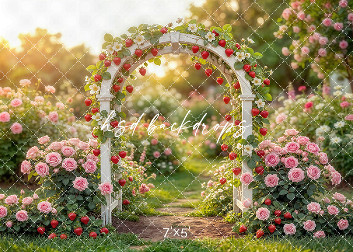 Strawberry rose garden arch photography backdrop with pink roses, greenery, and sunlit floral garden for summer portrait photography.