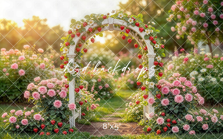 Strawberry Rose Garden Arch Photography Backdrop – Sweet Summer Portrait Scene | HSD Backdrops