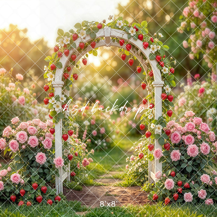 Strawberry Rose Garden Arch Photography Backdrop – Sweet Summer Portrait Scene | HSD Backdrops
