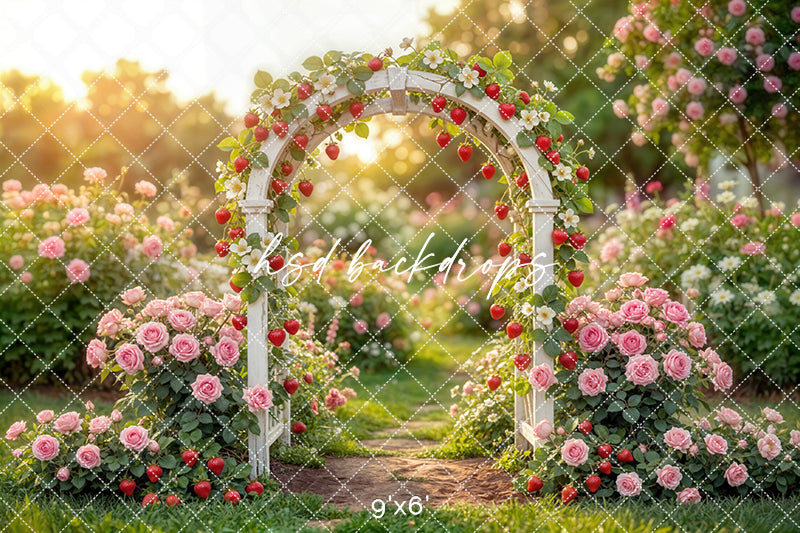 Strawberry Rose Garden Arch Photography Backdrop – Sweet Summer Portrait Scene | HSD Backdrops