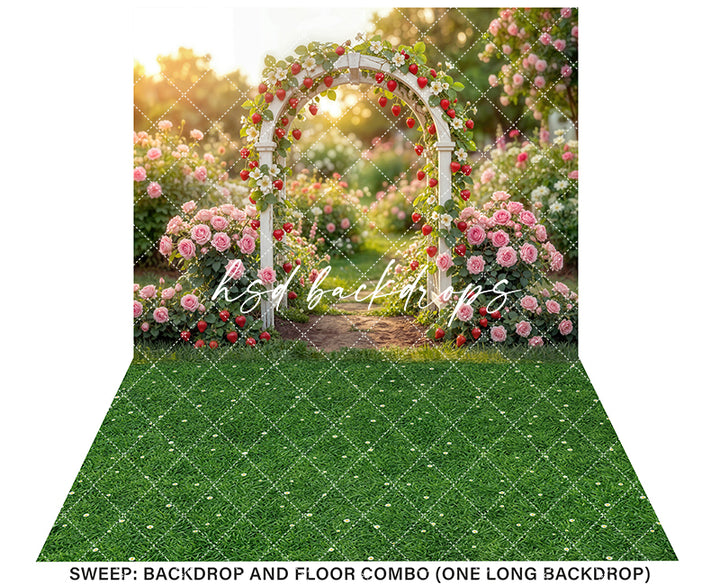 Strawberry Rose Garden Arch Photography Backdrop – Sweet Summer Portrait Scene | HSD Backdrops