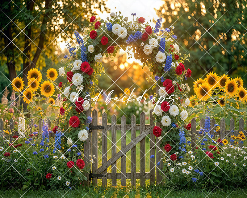Patriotic Wildflower Garden Gate Photography Backdrop – Fourth of July Summer Portrait Scene | HSD Backdrops