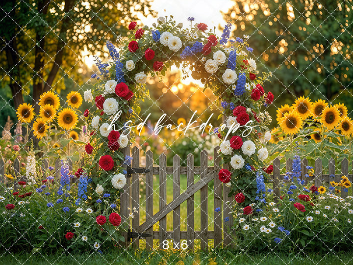 Patriotic Wildflower Garden Gate Photography Backdrop – Fourth of July Summer Portrait Scene | HSD Backdrops