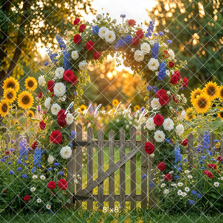 Patriotic Wildflower Garden Gate Photography Backdrop – Fourth of July Summer Portrait Scene | HSD Backdrops