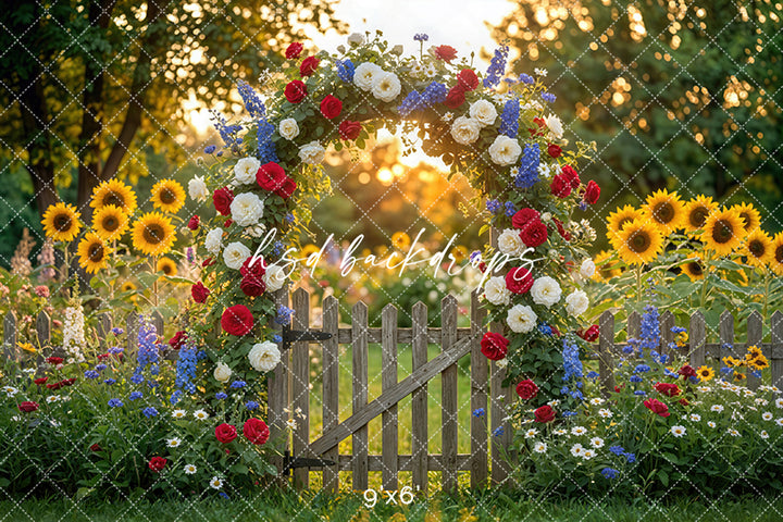 Patriotic Wildflower Garden Gate Photography Backdrop – Fourth of July Summer Portrait Scene | HSD Backdrops