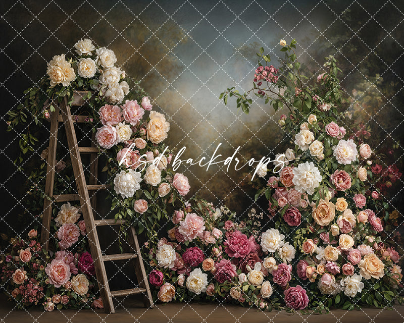 Vintage Garden Ladder Floral Photography Backdrop – Romantic Fine Art Portrait Scene | HSD Backdrops