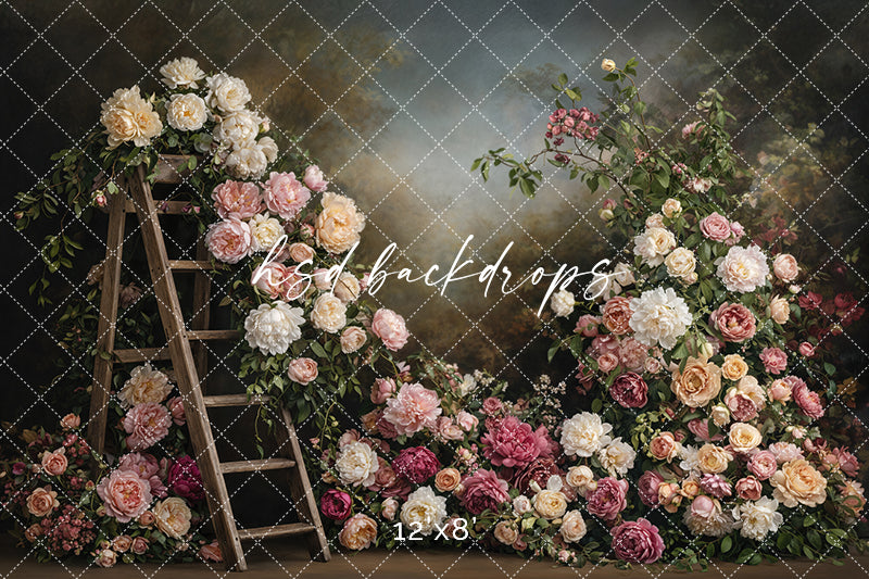 Vintage Garden Ladder Floral Photography Backdrop – Romantic Fine Art Portrait Scene | HSD Backdrops