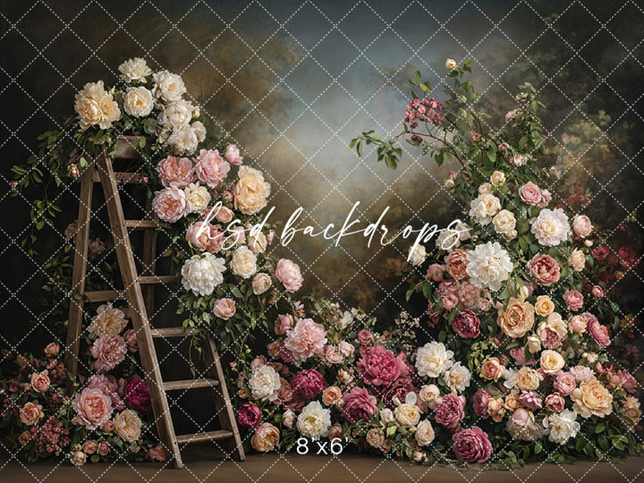 Vintage Garden Ladder Floral Photography Backdrop – Romantic Fine Art Portrait Scene | HSD Backdrops