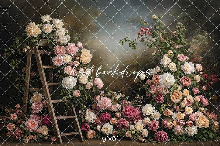 Vintage Garden Ladder Floral Photography Backdrop – Romantic Fine Art Portrait Scene | HSD Backdrops