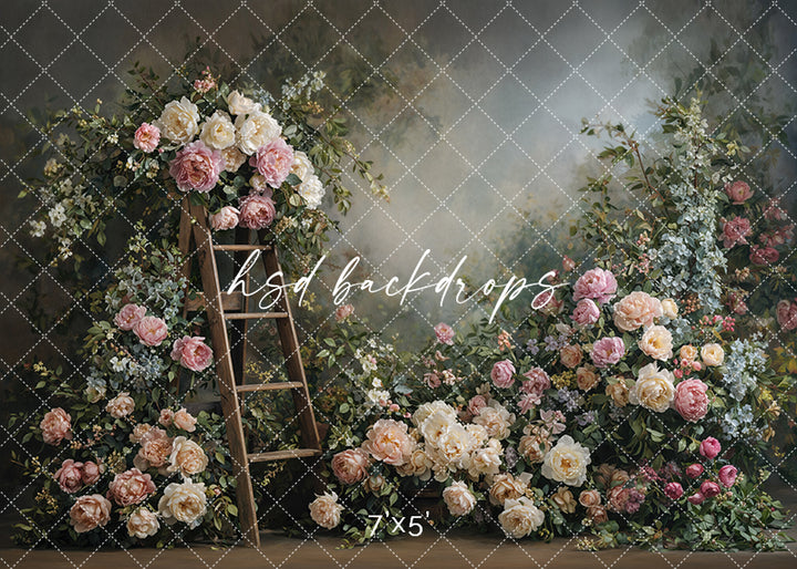 Blush garden ladder floral photography backdrop with cascading blush roses, ivory blooms, and soft greenery for portrait photography.