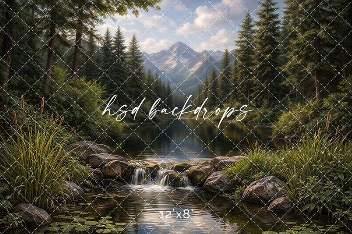 Mountain Forest Waterfall Photography Backdrop – Scenic Summer Landscape Portrait Scene | HSD Backdrops