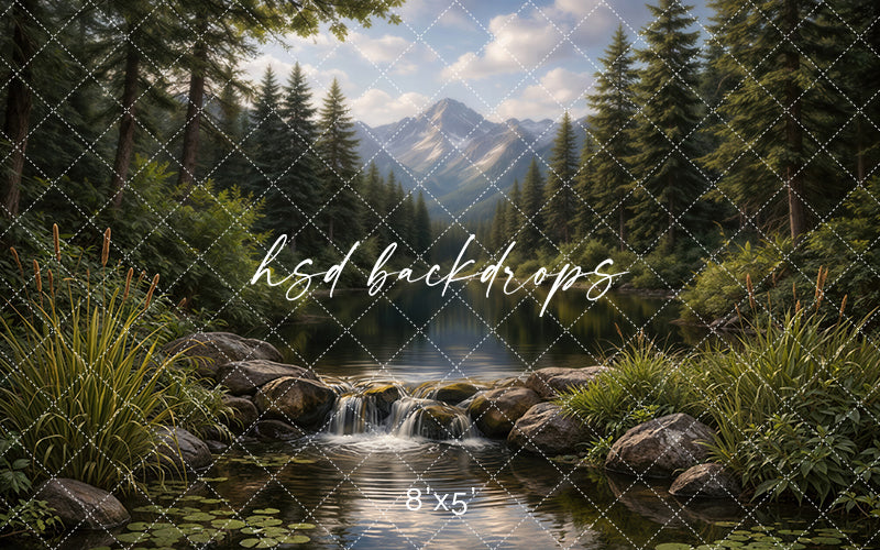 Mountain Forest Waterfall Photography Backdrop – Scenic Summer Landscape Portrait Scene | HSD Backdrops