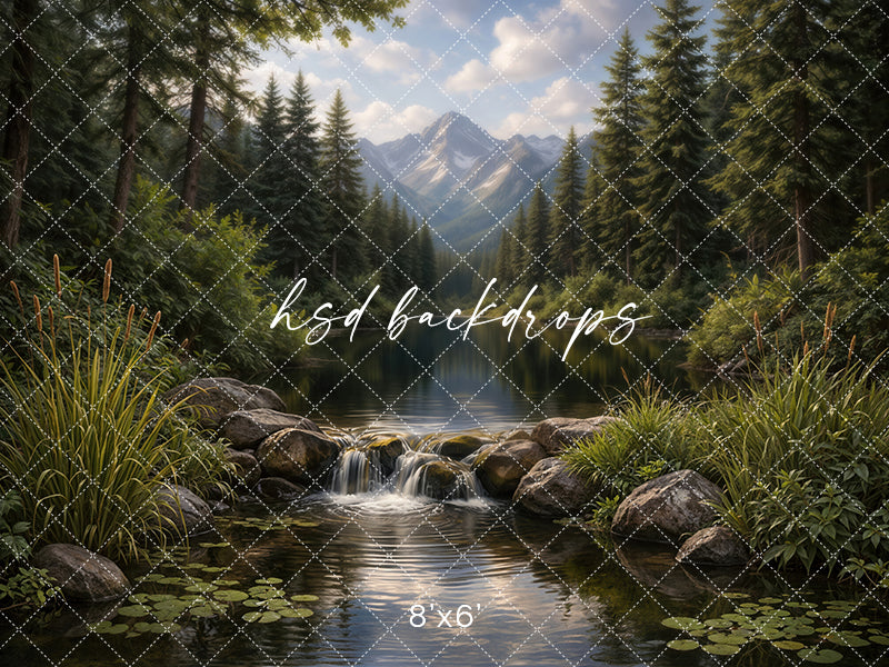 Mountain Forest Waterfall Photography Backdrop – Scenic Summer Landscape Portrait Scene | HSD Backdrops