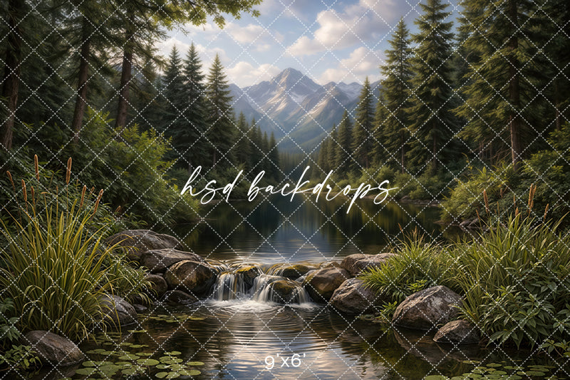 Mountain Forest Waterfall Photography Backdrop – Scenic Summer Landscape Portrait Scene | HSD Backdrops