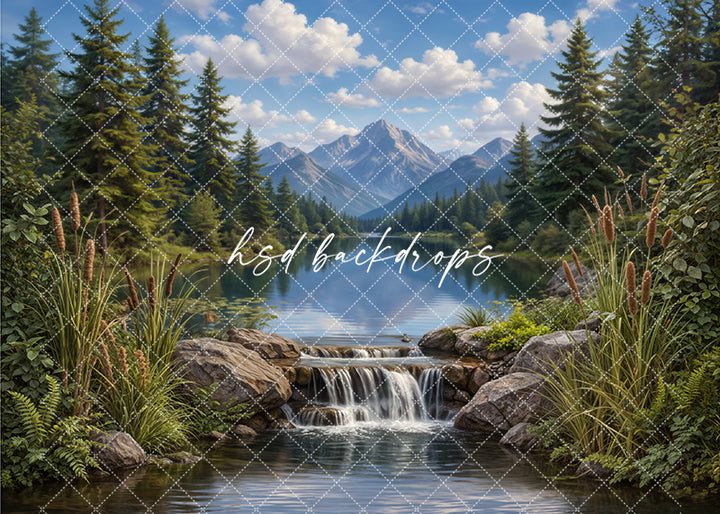 Mountain lake fishing photography backdrop with waterfall, pine trees, and scenic outdoor setting for fishing mini sessions.