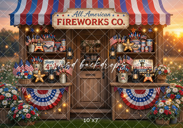 All American Fireworks Shop Photography Backdrop – Red White &amp; Blue Portrait Scene | HSD Backdrops