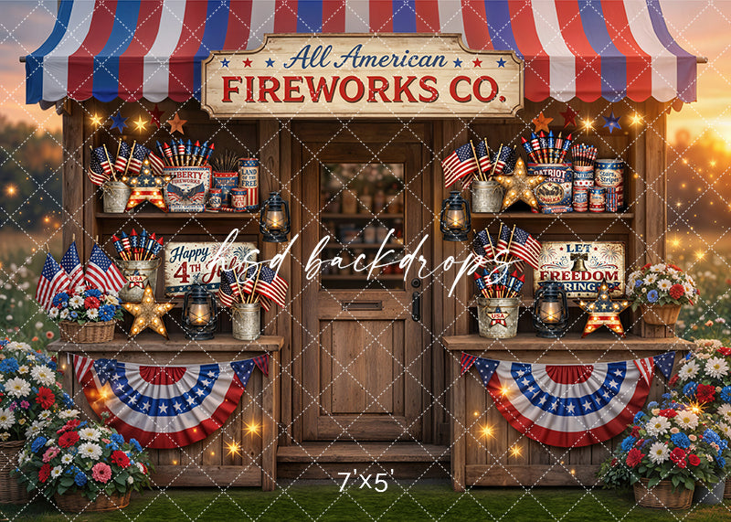 All American fireworks shop photography backdrop with patriotic storefront, American flags, fireworks displays, and red white and blue decor for Fourth of July portraits.
