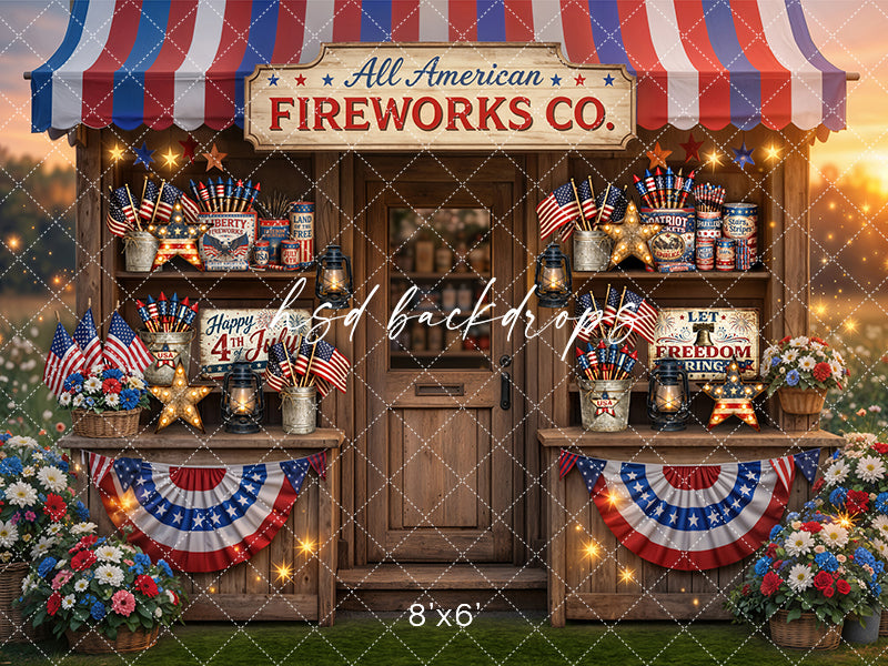 All American Fireworks Shop Photography Backdrop – Red White &amp; Blue Portrait Scene | HSD Backdrops