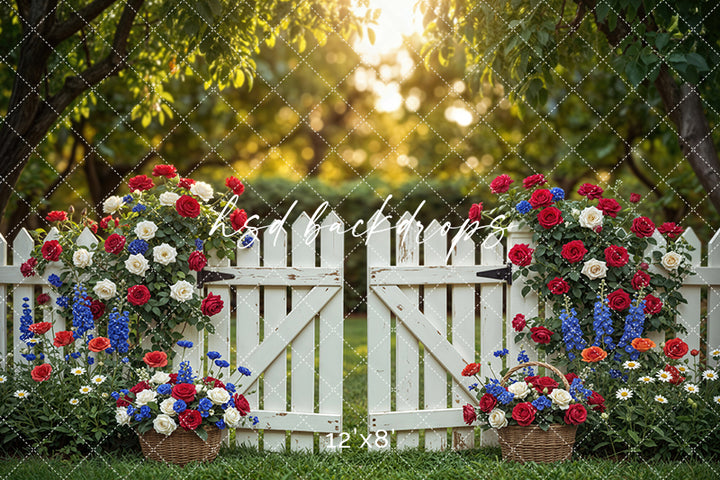 Fourth of July Garden Gate Photography Backdrop – Rustic Patriotic Portrait Scene | HSD Backdrops