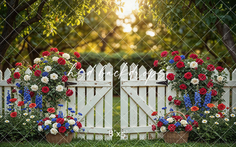 Fourth of July Garden Gate Photography Backdrop – Rustic Patriotic Portrait Scene | HSD Backdrops