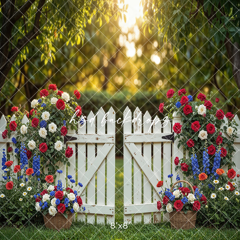 Fourth of July Garden Gate Photography Backdrop – Rustic Patriotic Portrait Scene | HSD Backdrops
