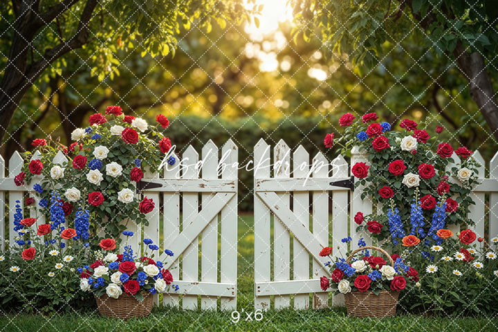 Fourth of July Garden Gate Photography Backdrop – Rustic Patriotic Portrait Scene | HSD Backdrops