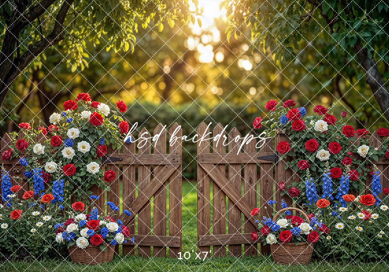 Rustic Patriotic Garden Gate Photography Backdrop – Fourth of July Floral Portrait Scene | HSD Backdrops