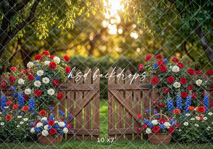 Rustic Patriotic Garden Gate Photography Backdrop – Fourth of July Floral Portrait Scene | HSD Backdrops