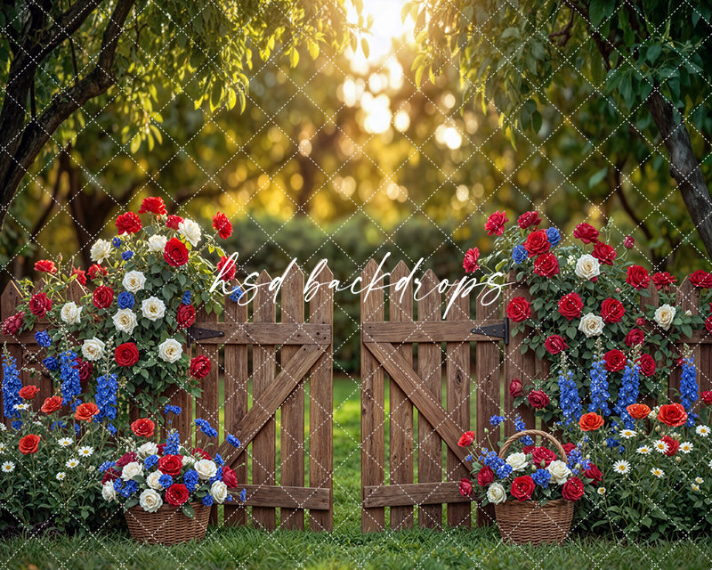 Rustic Patriotic Garden Gate Photography Backdrop – Fourth of July Floral Portrait Scene | HSD Backdrops