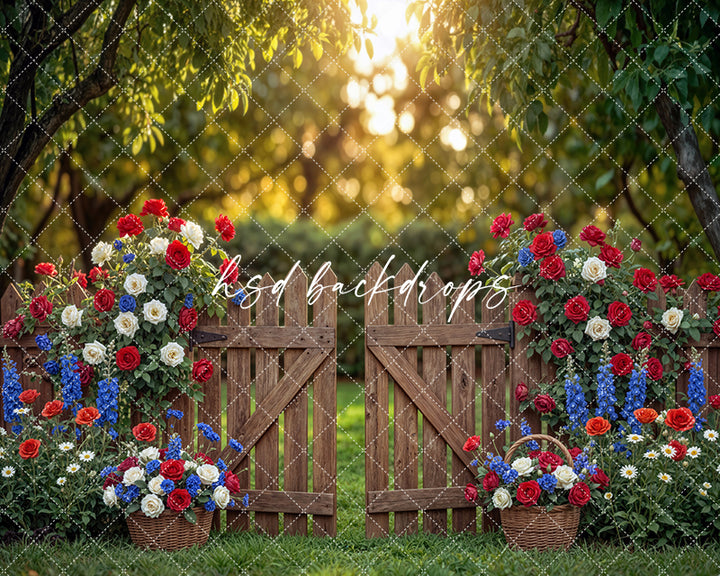 Rustic Patriotic Garden Gate Photography Backdrop – Fourth of July Floral Portrait Scene | HSD Backdrops