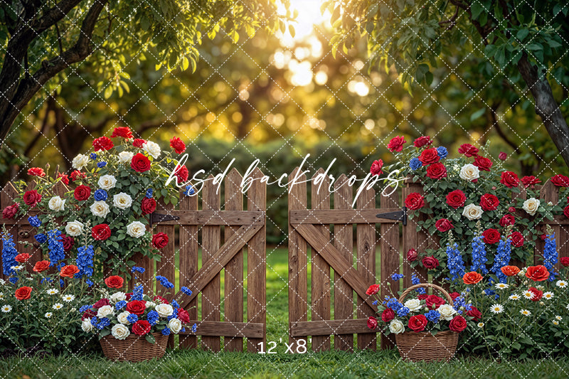 Rustic Patriotic Garden Gate Photography Backdrop – Fourth of July Floral Portrait Scene | HSD Backdrops