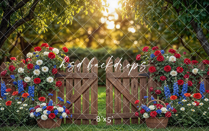 Rustic Patriotic Garden Gate Photography Backdrop – Fourth of July Floral Portrait Scene | HSD Backdrops