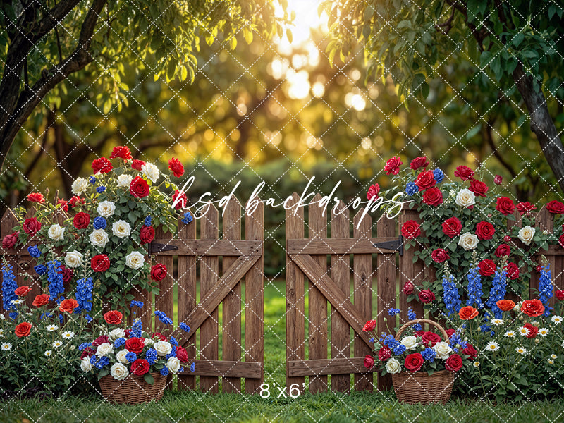Rustic Patriotic Garden Gate Photography Backdrop – Fourth of July Floral Portrait Scene | HSD Backdrops