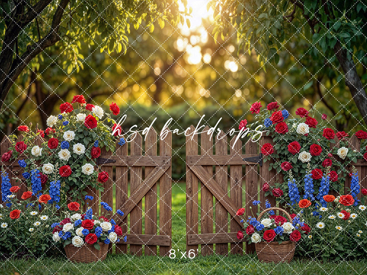 Rustic Patriotic Garden Gate Photography Backdrop – Fourth of July Floral Portrait Scene | HSD Backdrops